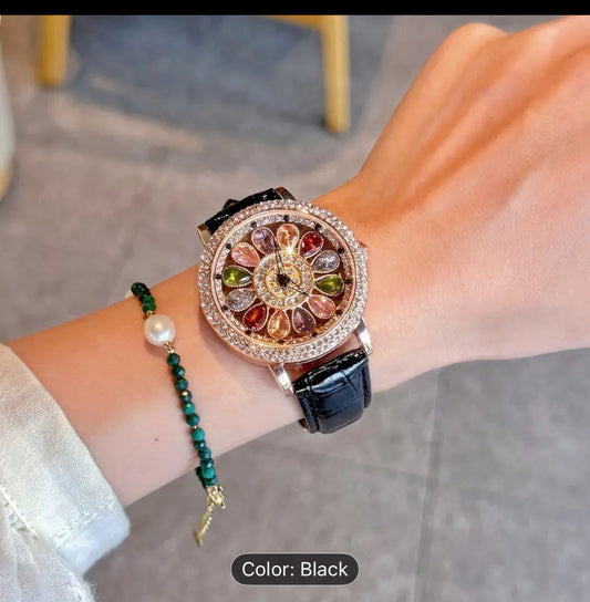 1pc Women's Fashionable Quartz Watch - Round Case Rhinestone Inlay, Durable Calfskin Leather Strap, Japanese-Quartz Movement | Water-Resistant Design | Perfect for Dating Gift & Daily Wear