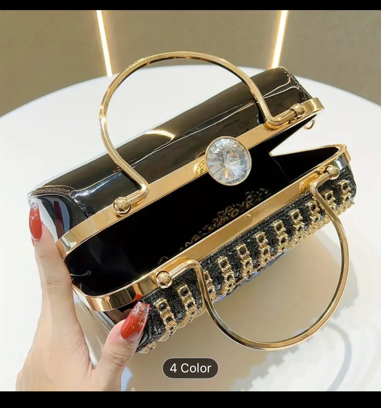 Glamorous Black & Golden Rhinestone Embellished Clutch with Detachable Strap - Sparkly Geometric Evening Bag for Parties, Banquets, and Formal Gatherings, Banquet Accessory | Polyester Construction, Party Purse