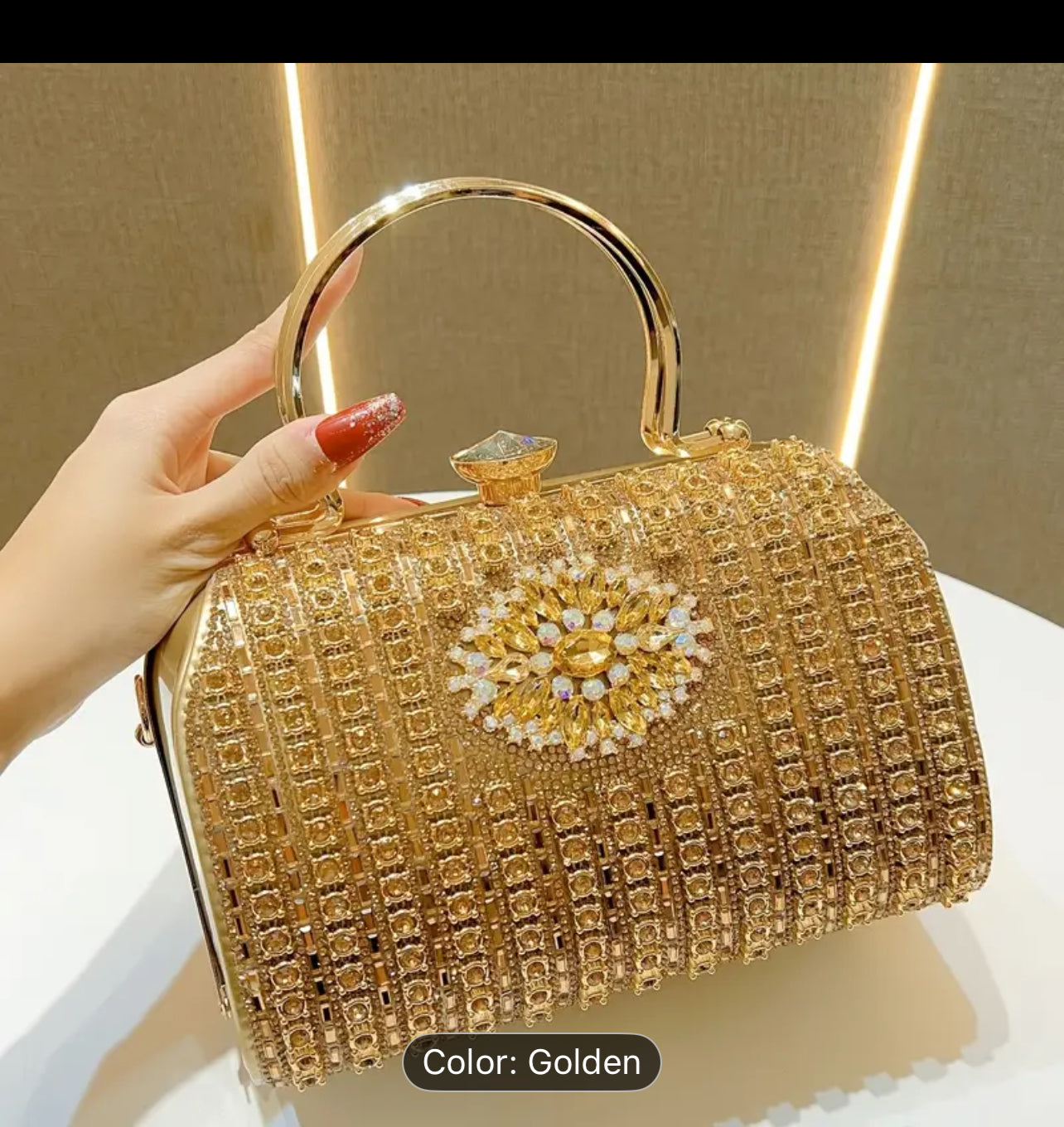 Glamorous Black & Golden Rhinestone Embellished Clutch with Detachable Strap - Sparkly Geometric Evening Bag for Parties, Banquets, and Formal Gatherings, Banquet Accessory | Polyester Construction, Party Purse