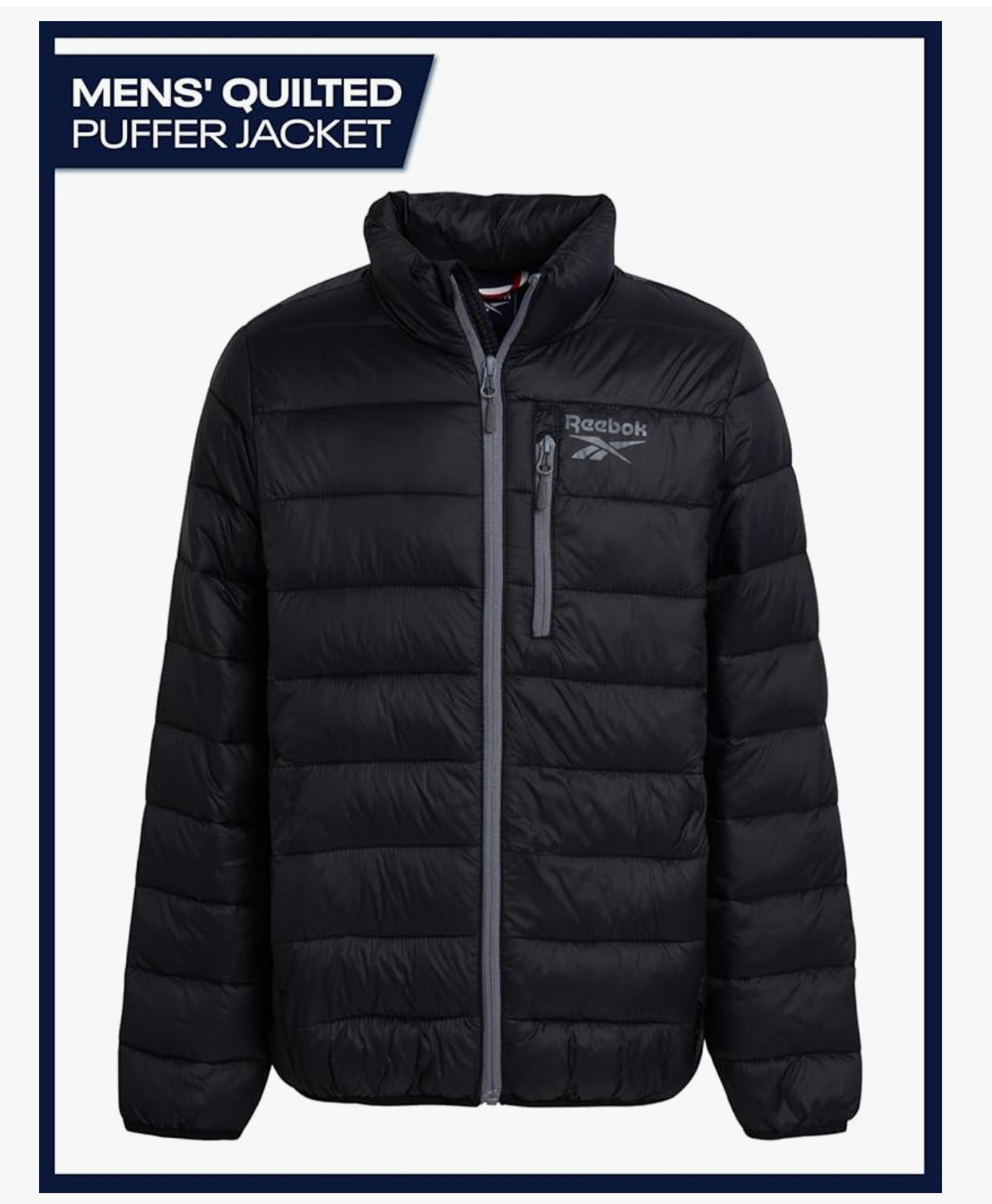 Reebok Mens Winter Jacket - Windproof Water Resistant Quilted Winter Coat - Lightweight Insulated Puffer Jacket for Men