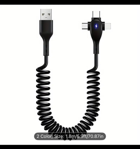 66W Super Fast Charging T Type Spring Cable for Apple TypeC Android Car 3in 1 Fast Charger