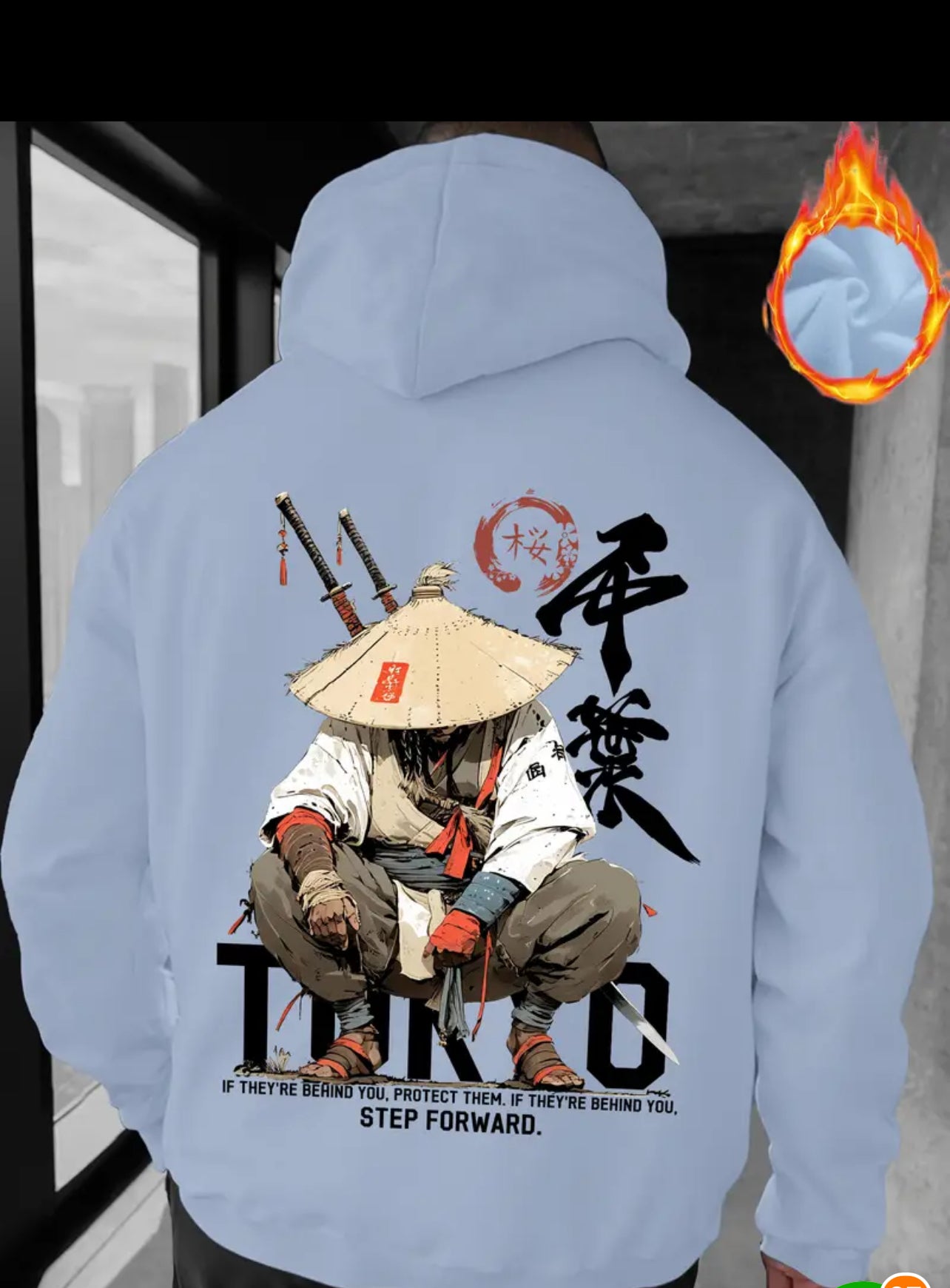 Men's Japanese Anime Samurai Hooded Sweatshirt - One-Way Flowing Kimono Design with Kanji Lettering & Samurai Warrior Print, Loose Fit Casual Pullover for Autumn/Winter, Anime Manga Fan Apparel, Hand Washable Long Sleeve Sweater with Drawstring Hood and R