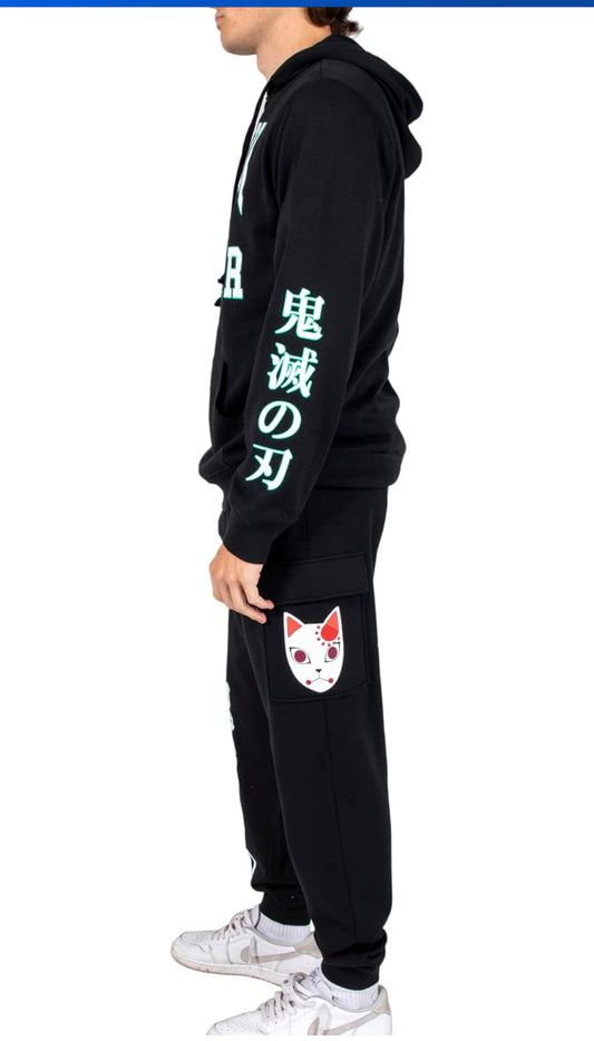 Bioworld Demon Slayer Varsity Text Cat Mask Men's Black Hoodie & Jogger Set