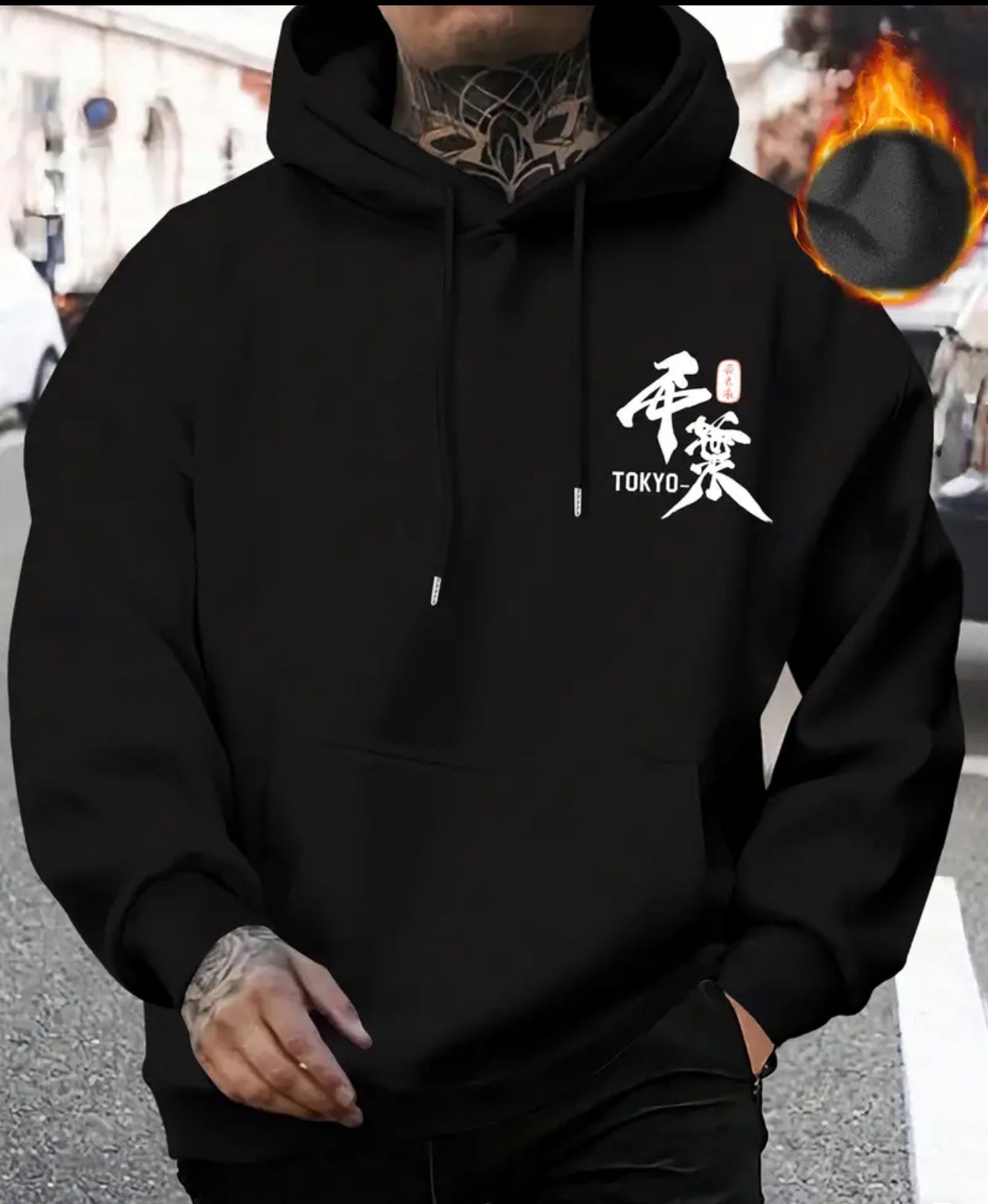 Men's Japanese Anime Samurai Hooded Sweatshirt - One-Way Flowing Kimono Design with Kanji Lettering & Samurai Warrior Print, Loose Fit Casual Pullover for Autumn/Winter, Anime Manga Fan Apparel, Hand Washable Long Sleeve Sweater with Drawstring Hood and R
