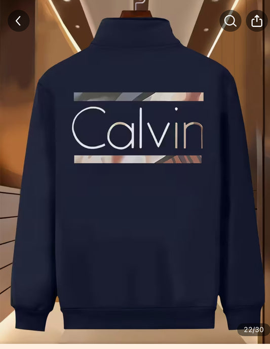 Calvin Men's Slim-Fit Stand Collar Bomber Jacket with Random Print - Navy Blue Zip-Up Casual Winter Coat, Machine Washable Autumn Outerwear, Insulated Bomber Jacket, Autumn Fashion, Textured Exterior