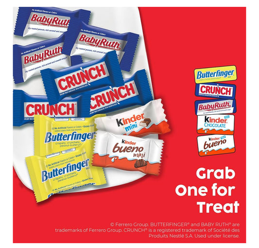 Butterfinger, CRUNCH, Baby Ruth, 100 Grand, Kinder Bueno, Kinder Chocolate, Minis Fun Size Candy Bars, 90 Count, 25.9 oz