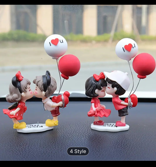 2pcs Cute Cartoon Couple Figurines - Romantic Kiss Dolls with Red Balloons, PVC Collectibles for Car Dashboard & Home Decor, Valentine'S Day & Halloween Gifts, No Power Needed, Fits Various Room Types, Car Ornaments, Doll Ornaments, Car Decorations