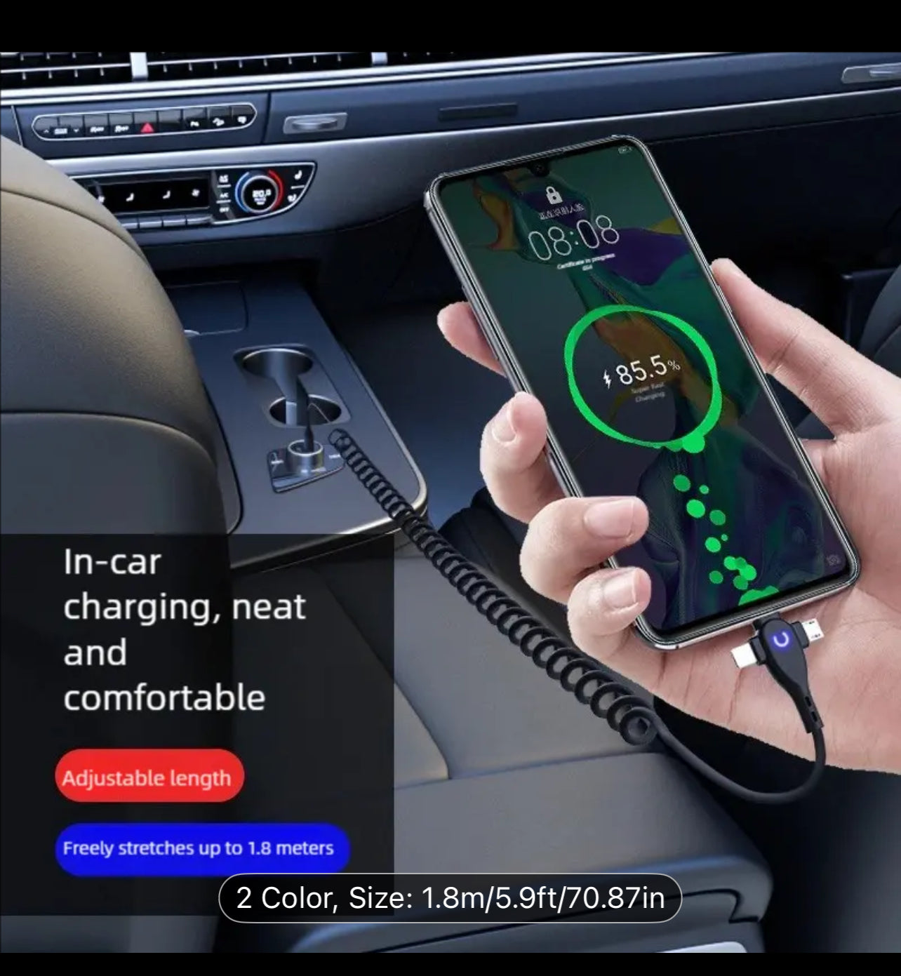 66W Super Fast Charging T Type Spring Cable for Apple TypeC Android Car 3in 1 Fast Charger