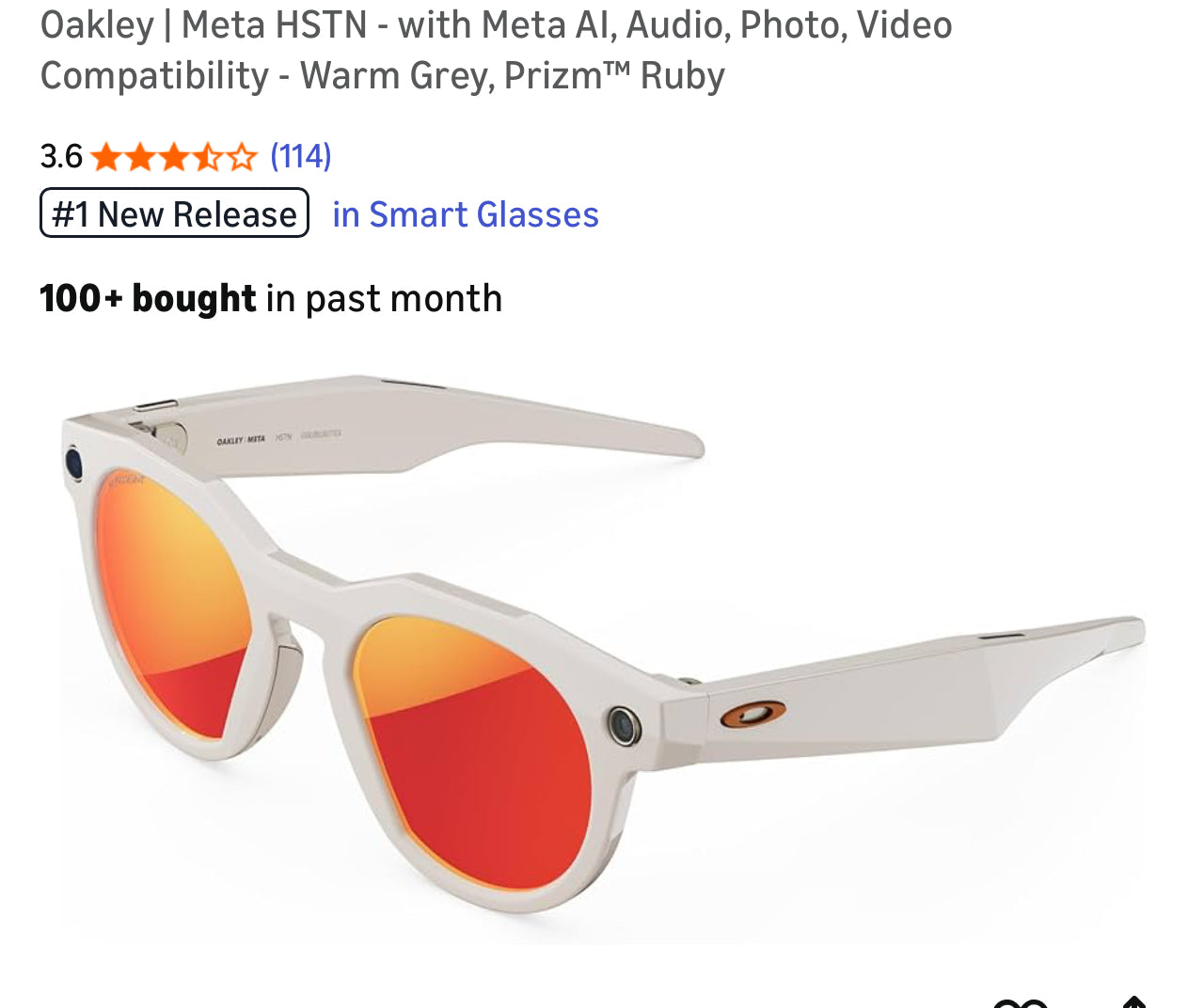 Oakley | Meta HSTN - with Meta AI, Audio, Photo, Video Compatibility - Warm Grey, Prizm™ Ruby
3.6