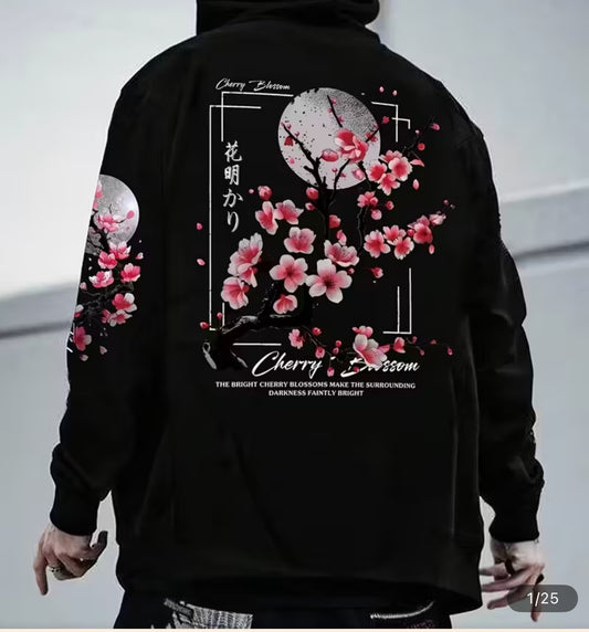 [Cozy Fleece-Lined] Men's Cherry Blossom Graphic Hoodie | Cozy Fleece-Lined | Long Sleeves, Loose Fit | Green | Casual Pullover with Pockets