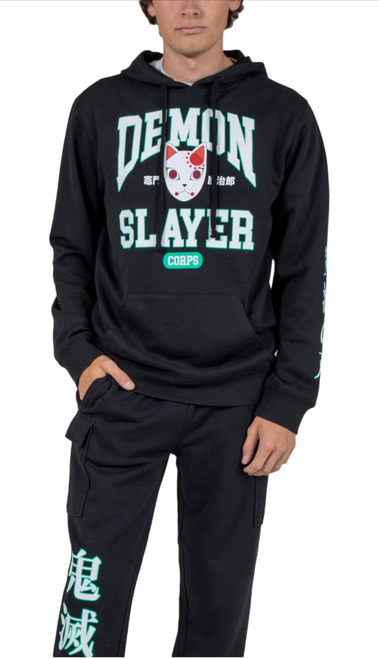 Bioworld Demon Slayer Varsity Text Cat Mask Men's Black Hoodie & Jogger Set