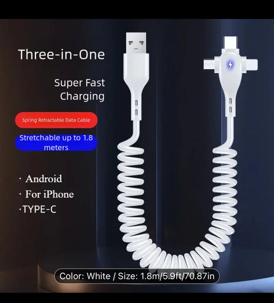 66W Super Fast Charging T Type Spring Cable for Apple TypeC Android Car 3in 1 Fast Charger