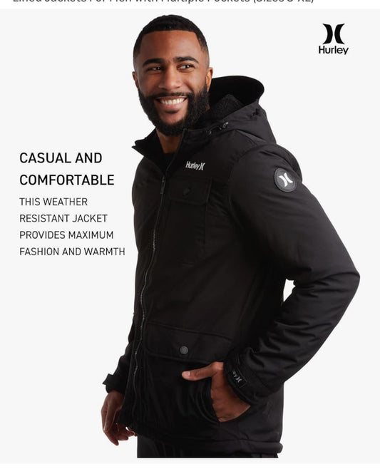 Hurley Mens Winter Jacket - Warm Zip Up Hooded Parka Sherpa Lined Jackets For Men with Multiple Pockets (Sizes S-XL)