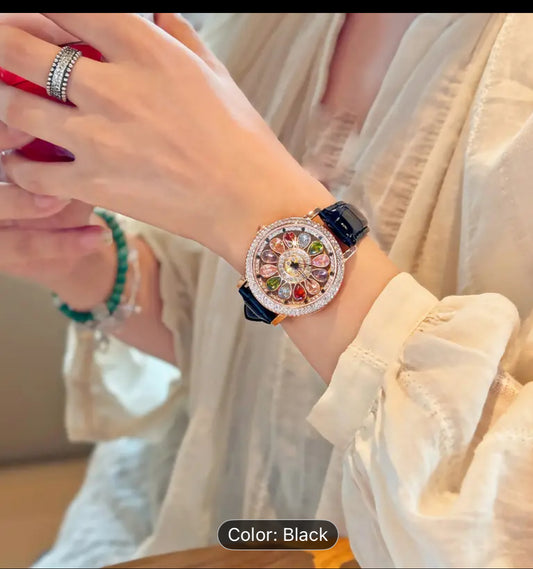 1pc Women's Fashionable Quartz Watch - Round Case Rhinestone Inlay, Durable Calfskin Leather Strap, Japanese-Quartz Movement | Water-Resistant Design | Perfect for Dating Gift & Daily Wear