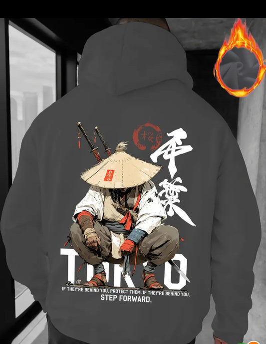 Men's Japanese Anime Samurai Hooded Sweatshirt - One-Way Flowing Kimono Design with Kanji Lettering & Samurai Warrior Print, Loose Fit Casual Pullover for Autumn/Winter, Anime Manga Fan Apparel, Hand Washable Long Sleeve Sweater with Drawstring Hood and R