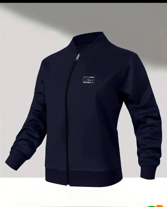 Calvin Men's Slim-Fit Stand Collar Bomber Jacket with Random Print - Navy Blue Zip-Up Casual Winter Coat, Machine Washable Autumn Outerwear, Insulated Bomber Jacket, Autumn Fashion, Textured Exterior