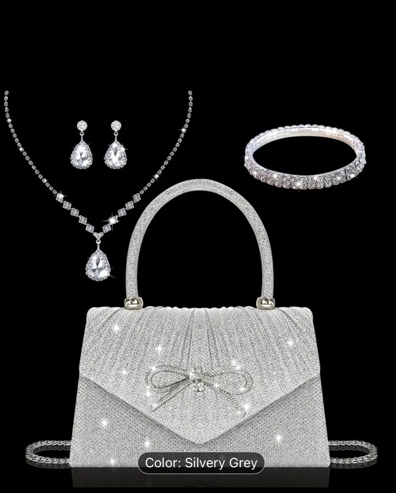 [Sequin Clutch Set] Valentine's Day Elegant Champagne Sequin Clutch with Rhinestone Bow | Matching Rhinestone Earrings, Necklace & Bracelet Set | Champagne Sequin Clutch Detailed Closure