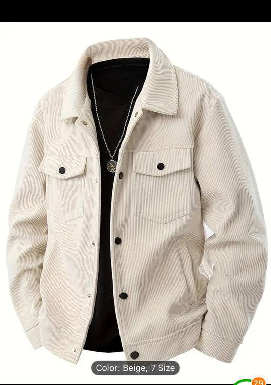 [Corduroy Cargo Jacket] Black Corduroy Men's Cargo Jacket | Multi-Pocket Design, Button-Up Front, Long Sleeve, Casual Style, Machine Washable