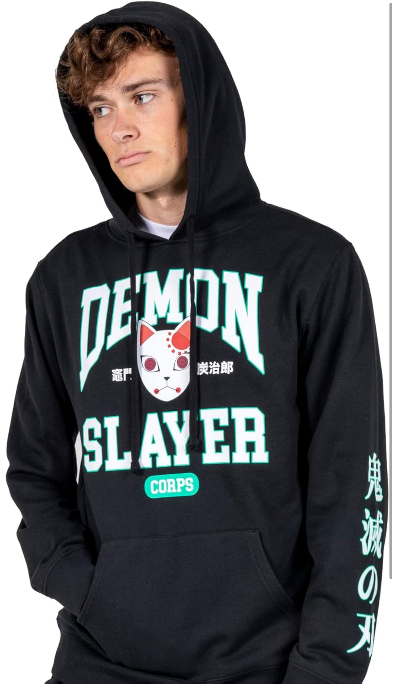 Bioworld Demon Slayer Varsity Text Cat Mask Men's Black Hoodie & Jogger Set