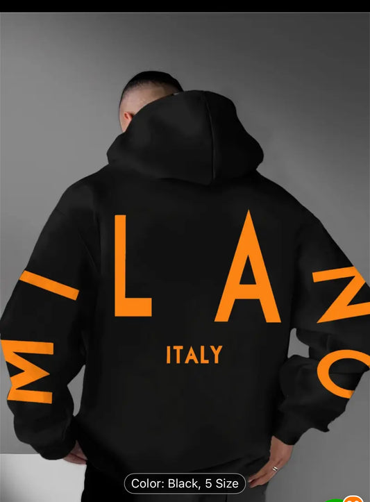 [Italian Style Hoodie] Heavyweight Men's Fashion Hoodie | Beige Orange Italian Style Pullover with "ITALY" Print, Casual & Formal Wear, Machine Washable, Regular Fit with Drawstring Collar, Winter Hoodie for Fall/Winter