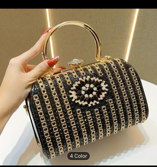 Glamorous Black & Golden Rhinestone Embellished Clutch with Detachable Strap - Sparkly Geometric Evening Bag for Parties, Banquets, and Formal Gatherings, Banquet Accessory | Polyester Construction, Party Purse