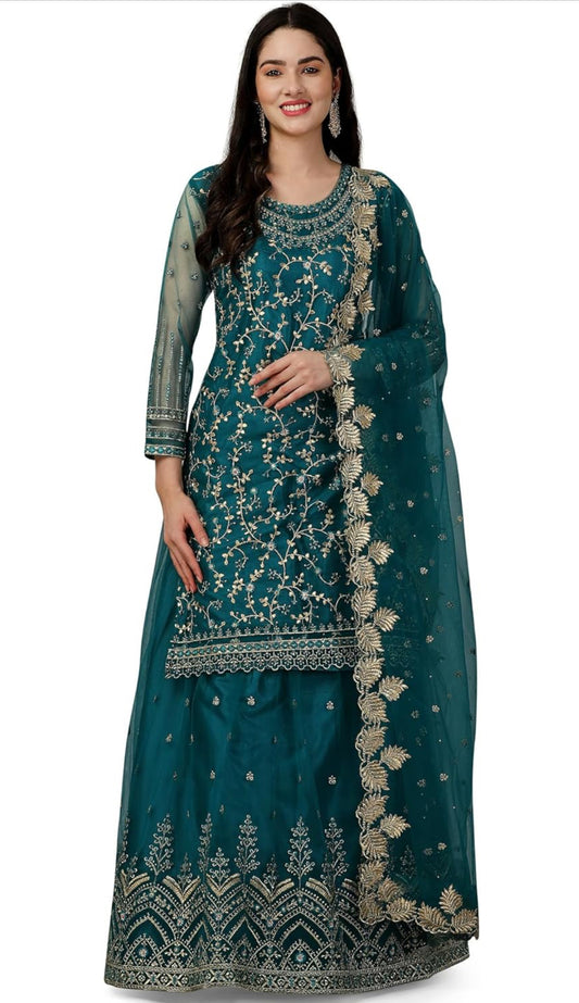 TRENDMALLS Women's Mono Net Kurta Lehenga Suit Set Indian Pakistani Ethnic Wear
