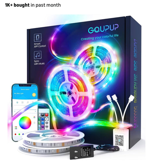 GUPUP LED Lights Strip 100 FT, LED Lights for Bedroom 100ft, RGB Rope Light for Room, Bluetooth APP Control,Color Changing Strip, Sync with Music,para Cuarto, for Bedroom Home Party Decoration