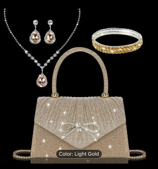 [Sequin Clutch Set] Valentine's Day Elegant Champagne Sequin Clutch with Rhinestone Bow | Matching Rhinestone Earrings, Necklace & Bracelet Set | Champagne Sequin Clutch Detailed Closure