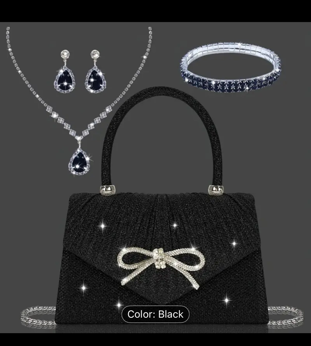 [Sequin Clutch Set] Valentine's Day Elegant Champagne Sequin Clutch with Rhinestone Bow | Matching Rhinestone Earrings, Necklace & Bracelet Set | Champagne Sequin Clutch Detailed Closure