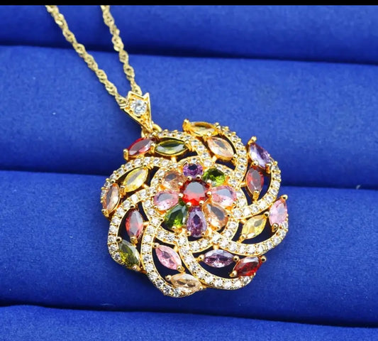 [1pc Elegant CZ Necklace] 1pc Elegant Multicolor Cubic Synthetic Zirconia Pendant Necklace | 18k Golden Plated Vintage-Inspired Floral Design with Red, Green, Blue, Pink & Clear CZ Stones | Perfect for Weddings, Valentine's, Christmas Gifts - Year-Round W