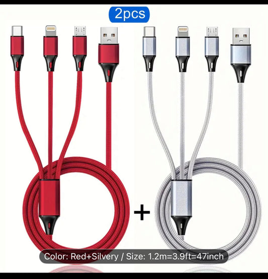 [3-in-1 Fast Charging Cable] 2pcs 3-in-1 Fast Charging Cable, for iPhone, Type-C, Micro USB Devices, Nylon Woven Non Tangled Design, for iPhone 14/13/12/11Pro Max/XS/XR/8/7/6, for, Xiaomi, Oppo, Vivo, Redmi and Other Android Smartphones, Quick Charge Acce